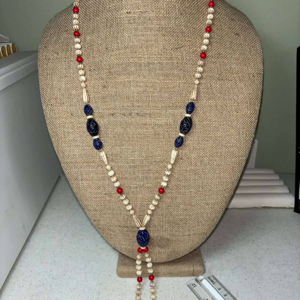 Preowned Handmade Tribal Carved Beads 32” Long With 6” Tassle